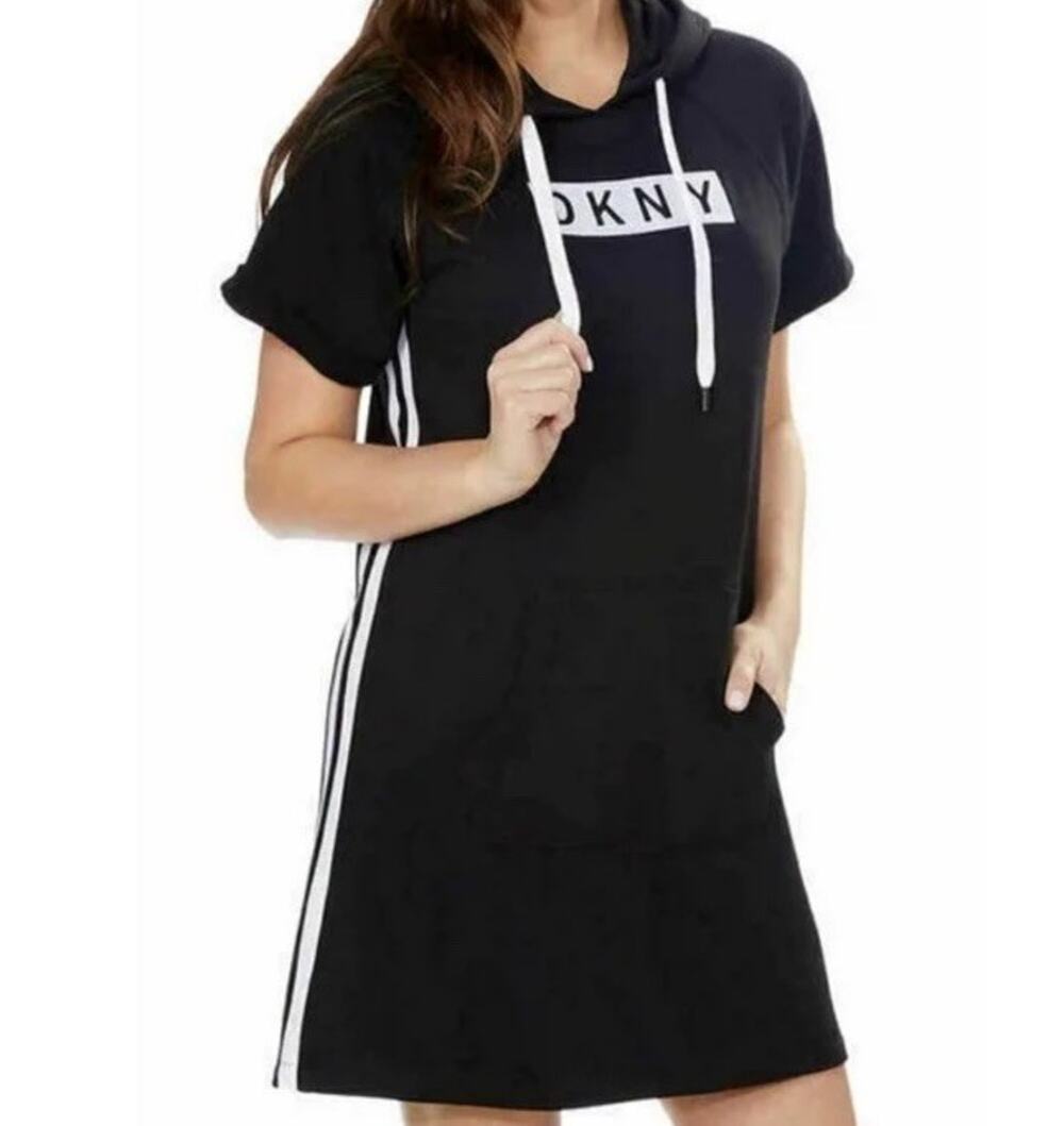 DKNY Sport Ladies Black/White Logo Hooded Sweatshirt Dress Sz M